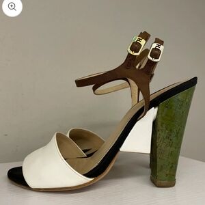 FENDI Two-Tone Block Heel Sandal in White, Brown & Green